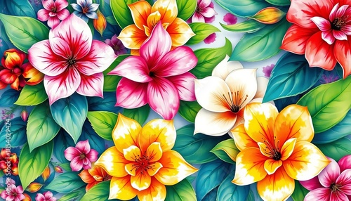 Vibrant watercolor blooms, lush leaves, intricate details, botanical artistry,  floral,  graphic