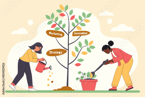 Two businesswomen nurturing growth in marketing, innovation, and strategy