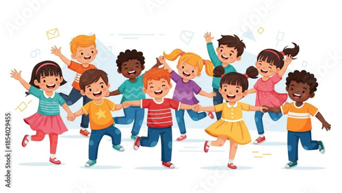 Diverse group of happy children in colorful clothes jumping together in unity and friendship on white background with confetti