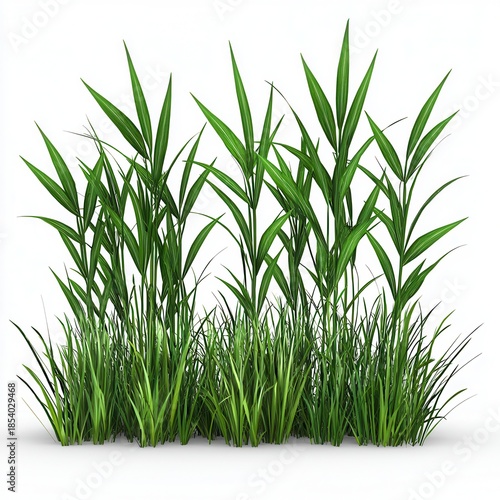 Lush Green Grass and Reeds on White Background