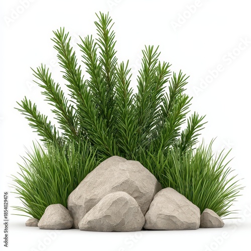Lush Green Grass and Shrubbery with Light Gray Rocks on a Clean White Surface