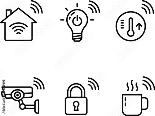Modern smart home devices and interconnected internet of things technology with outline icons