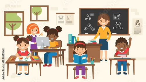 A diverse group of happy students and teacher in a colorful classroom with desks, chalkboard, and educational posters on the wall