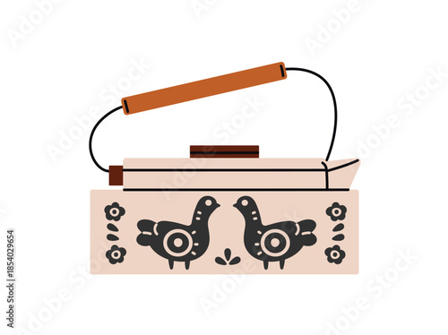 Metal kettle decorated with traditional ornament with birds. Teapot to boil water for preparing hot drinks. Tea pot for cooking herbal beverages. Flat isolated vector illustration on white background.