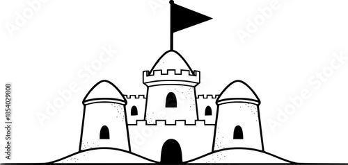 Fairytale Castle Vector Illustration Black and White Outline Fantasy Building for Coloring Book

