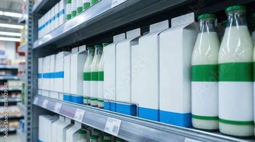 Store shelving stocked with glass milk bottles and rectangular cartons arranged in rows. The image shows labeled price strips and a supermarket aisle with multiple dairy products.