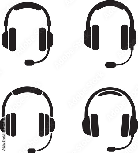 Collection of four black silhouettes headset icons in different orientations