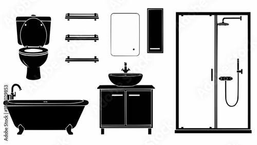 Black Bathroom Fixtures and Accessories Set.