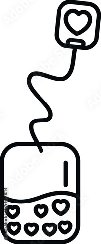 Blood bag filled with heart icons connecting to a heart shaped device