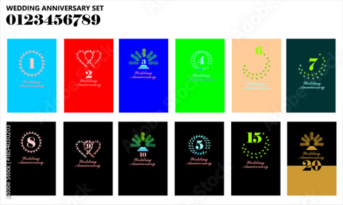 Vector, Luxury Wedding Anniversary Card Bundle with Decorative Elements.