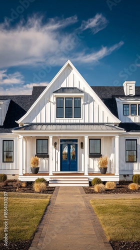 Elegant modern farmhouse with white exterior, blue front door, and symmetrical design featuring crisp architectural lines against a dramatic sky with wispy clouds