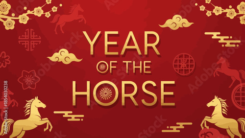 Festive celebration themed illustration emphasizing the Year of the Horse with traditional motifs