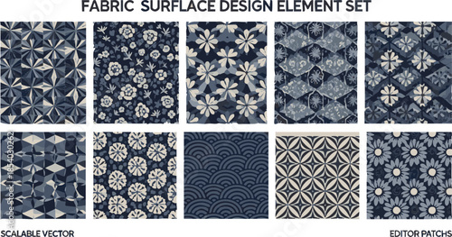 Fabric Surface Design Element Set – Traditional Japanese Floral and Geometric Patterns