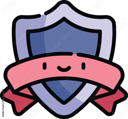 A friendly cartoon shield with a happy face on a pink ribbon symbolizing protection and achievement