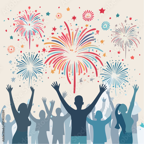 Vector illustration of a diverse group of people silhouetted with their arms raised in celebration, enjoying a spectacular display of colorful fireworks illuminating the night sky