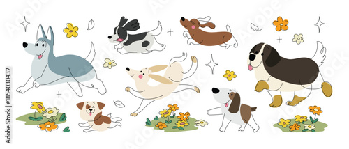 Hand drawn  of cute dogs smiling, shiny and lovely. Set of flat doodle cartoon vector illustration.