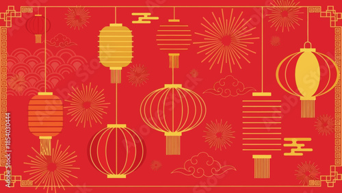 Vibrant Chinese Lanterns and Fireworks Celebration Scene in Red and Gold