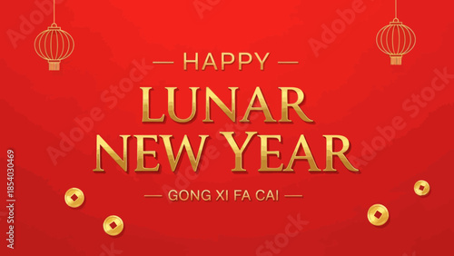 Bright and Festive Lunar New Year Celebration with Traditional Gold Text and Red Decorations