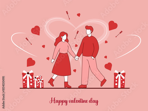 Happy Valentines day greeting card, Love theme, Couple standing with each other on abstract background vector illustration.