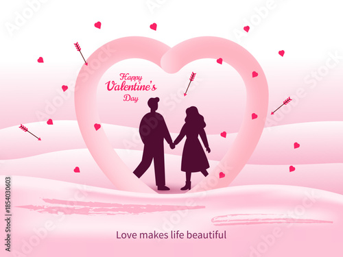 Happy Valentines day greeting card, Love theme, Couple standing with each other on abstract background vector illustration.