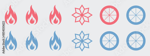 Fire and snowflake vector icon, heating and cooling concept symbol for mobile apps, weather dashboards, smart home interfaces, climate monitoring graphics, and user interface design elements.