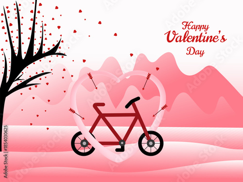 Happy Valentines day greeting card, Love theme, Love cycle under love tree background vector illustration.