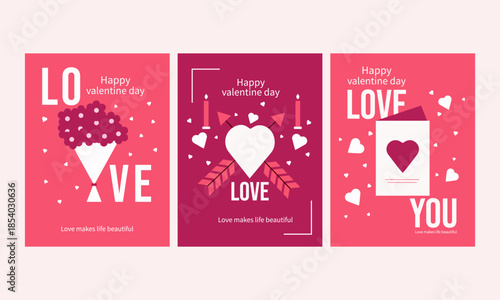 Set of three Valentines day greeting card design on 14th February celebration background, Romantic elements,hearts, and love letter vector illustration.