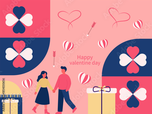 Happy Valentines day greeting card, Love theme, Couple standing with each other on abstract background vector illustration.