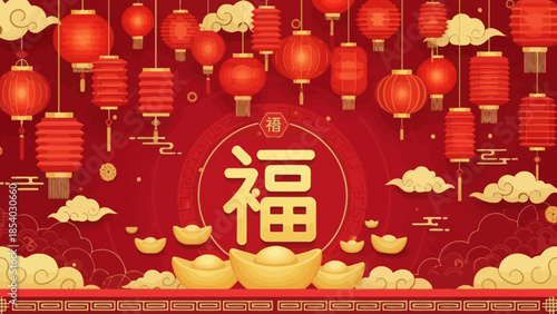 Vibrant Chinese New Year Celebration with Lanterns, Gold Ingots and Traditional Symbols