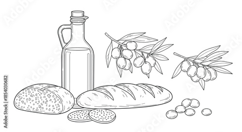 Line art illustration of a bottle of olive oil fresh bread loaves and branches of olives representing mediterranean cuisine.