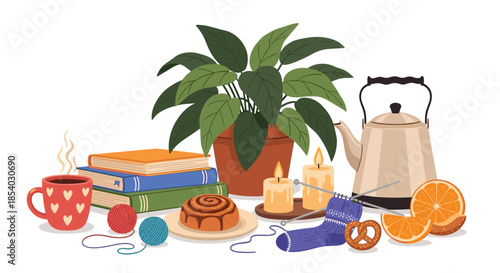 Cozy indoor scene featuring a potted plant books a warm cup of coffee candles knitting supplies and a kettle for a relaxing mood.