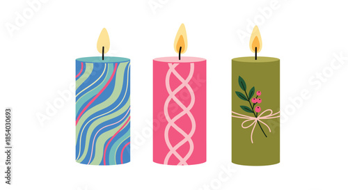 Three thick pillar candles with colorful artistic patterns including waves braids and botanical motifs against a white background.