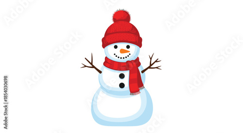 Traditional happy snowman wearing a bright red knitted hat and matching scarf with twig arms on a solid white background.