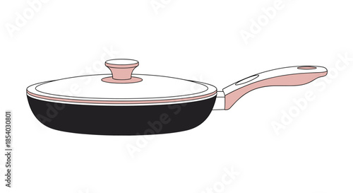 Black non-stick frying pan with a glass lid and pink accents on the rim and handle shown from a side profile on white background.