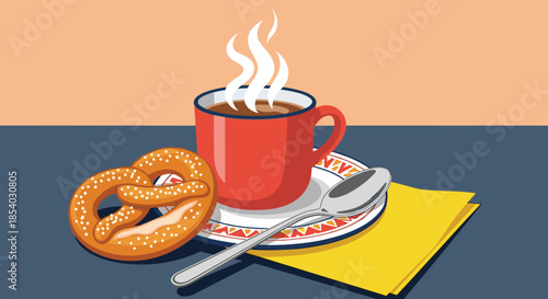 Cozy breakfast scene showing a red coffee mug with steam rising next to a salted pretzel and a spoon on a patterned saucer.