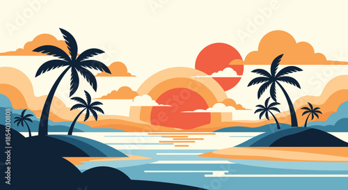Tropical beach landscape with palm tree silhouettes against a retro sunset featuring layered orange and yellow sun rays.