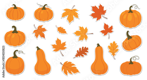 Collection of autumn themed stickers featuring different orange pumpkins and colorful fallen maple leaves in a flat style.