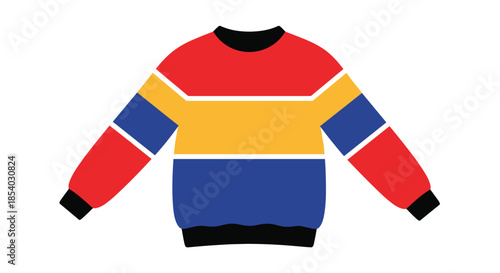Simple graphic illustration of a comfortable long sleeved sweater featuring bold horizontal stripes in red yellow and blue.