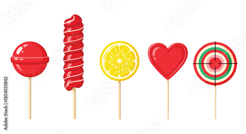 Assortment of five colorful lollipops in different shapes and flavors including heart circle and lemon slice designs.
