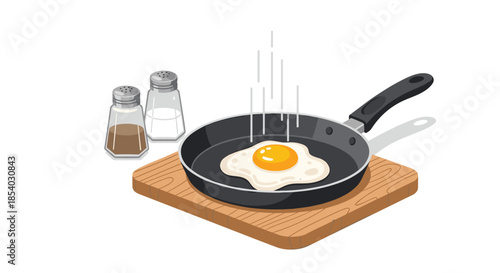 Breakfast preparation scene showing a single fried egg in a black skillet placed on a wooden board with salt and pepper.