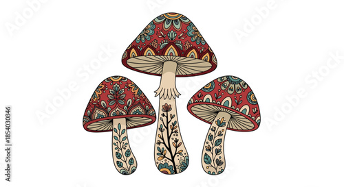 Trio of decorative mushrooms featuring intricate mandala patterns on their caps and floral illustrations on their stems.