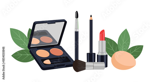 Selection of beauty makeup products including an eyeshadow palette lipstick brushes and a sponge blender with green leaves.