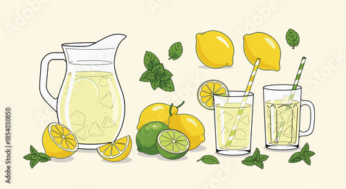 Refreshing summer drink scene with a glass pitcher of lemonade ice cubes fresh lemons limes and green mint sprigs.