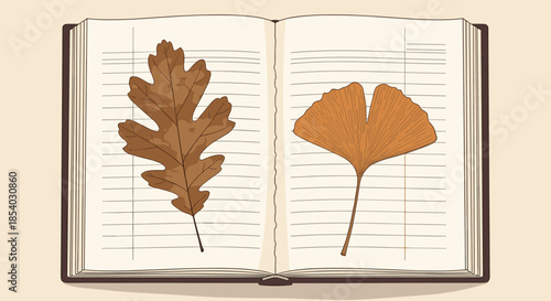 Open notebook displaying a dried oak leaf and a ginkgo leaf carefully preserved on lined pages for a nature study project.
