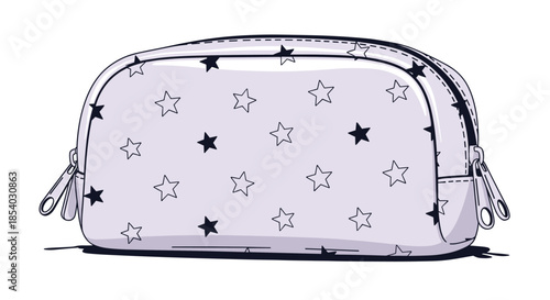 Small light purple zippered pouch or cosmetic bag decorated with a pattern of solid and outline black and white stars.