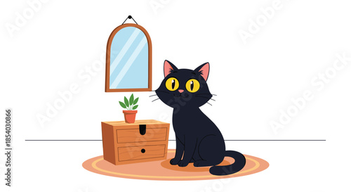 Cute black cat with large yellow eyes sitting on a rug in a cozy room featuring a small plant a wooden chest and a mirror.