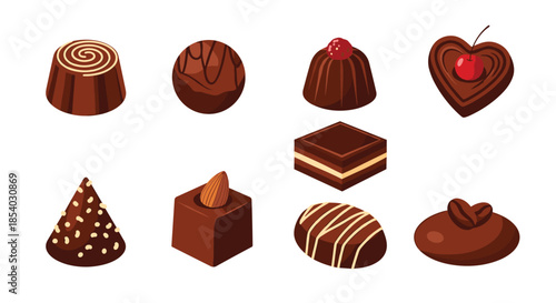 Assorted collection of gourmet chocolate pralines and truffles in various shapes and flavors for a sweet confectionery display.
