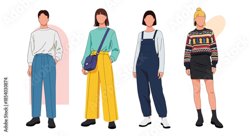 Four fashion illustrations showing diverse people wearing stylish contemporary outfits including overalls and sweaters.