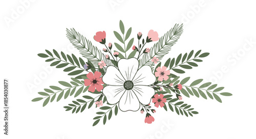 Elegant floral bouquet arrangement with a large white flower at the center surrounded by pink blooms and green foliage.