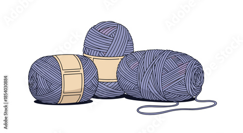 Trio of purple yarn balls in various sizes with a loose thread extending from one representing knitting or crochet hobbies.